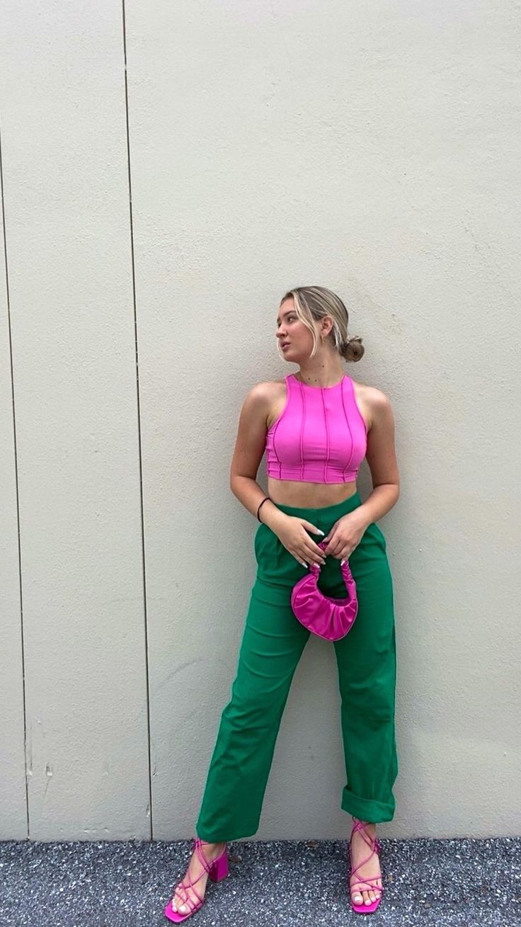 Green Pants with Pink Crop Top